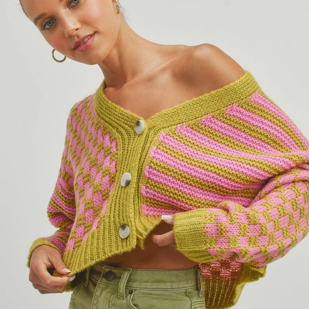 Pink and Green Patterned Button Up Sweater - Cropped, Oversized Fit
